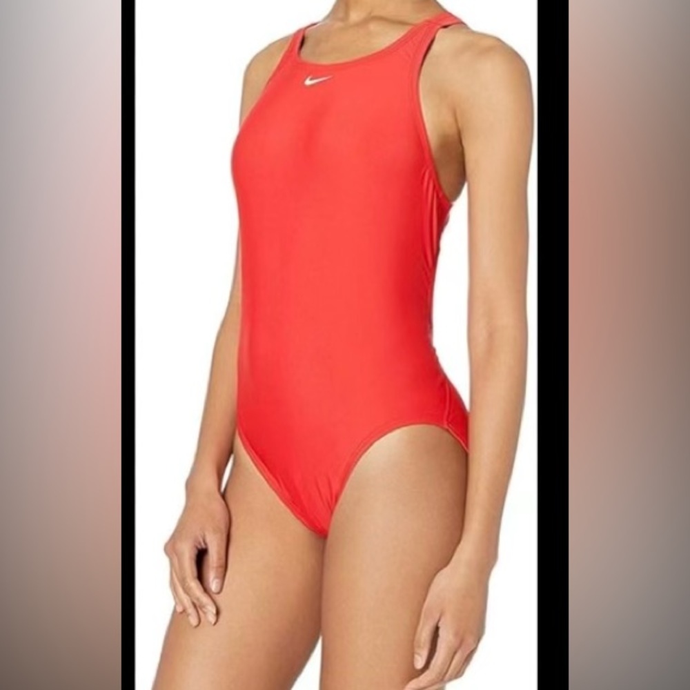 Red Nike, one piece swimsuit, white swish